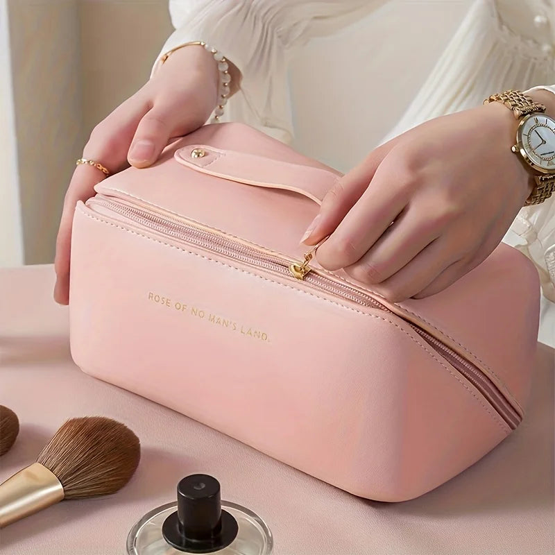 Luxury Travel Makeup Bag — PU Leather Cosmetic Organizer with Zipper