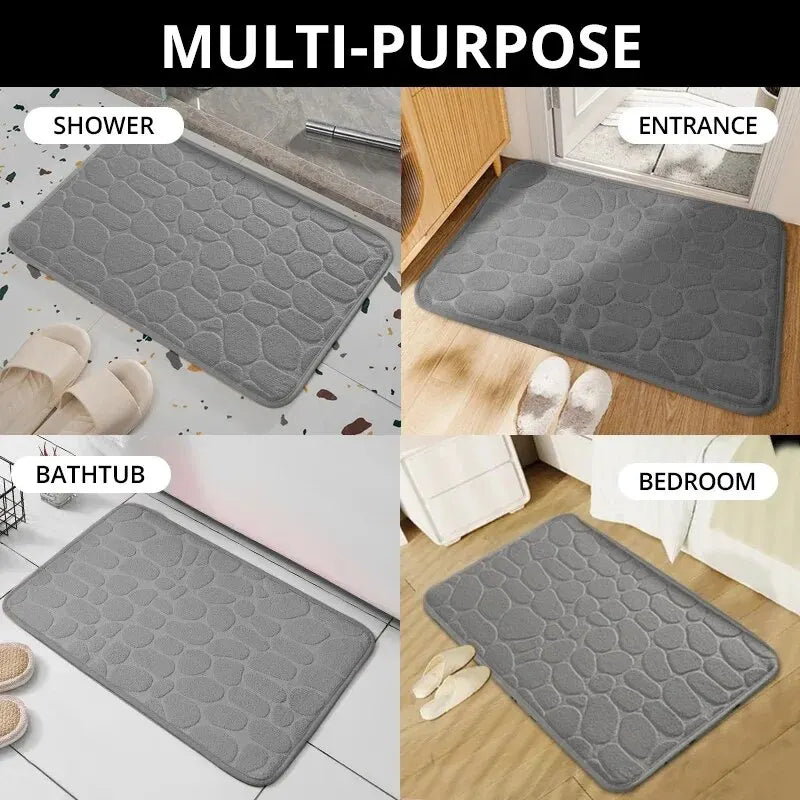 Memory Foam Pebble Bath Mat — Non-Slip Microfiber Floor Carpet