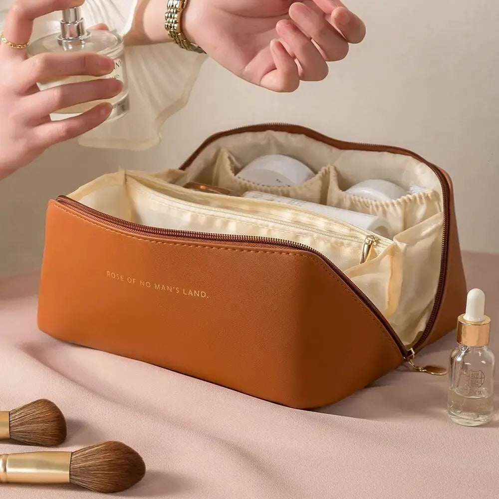 Luxury Travel Makeup Bag — PU Leather Cosmetic Organizer with Zipper