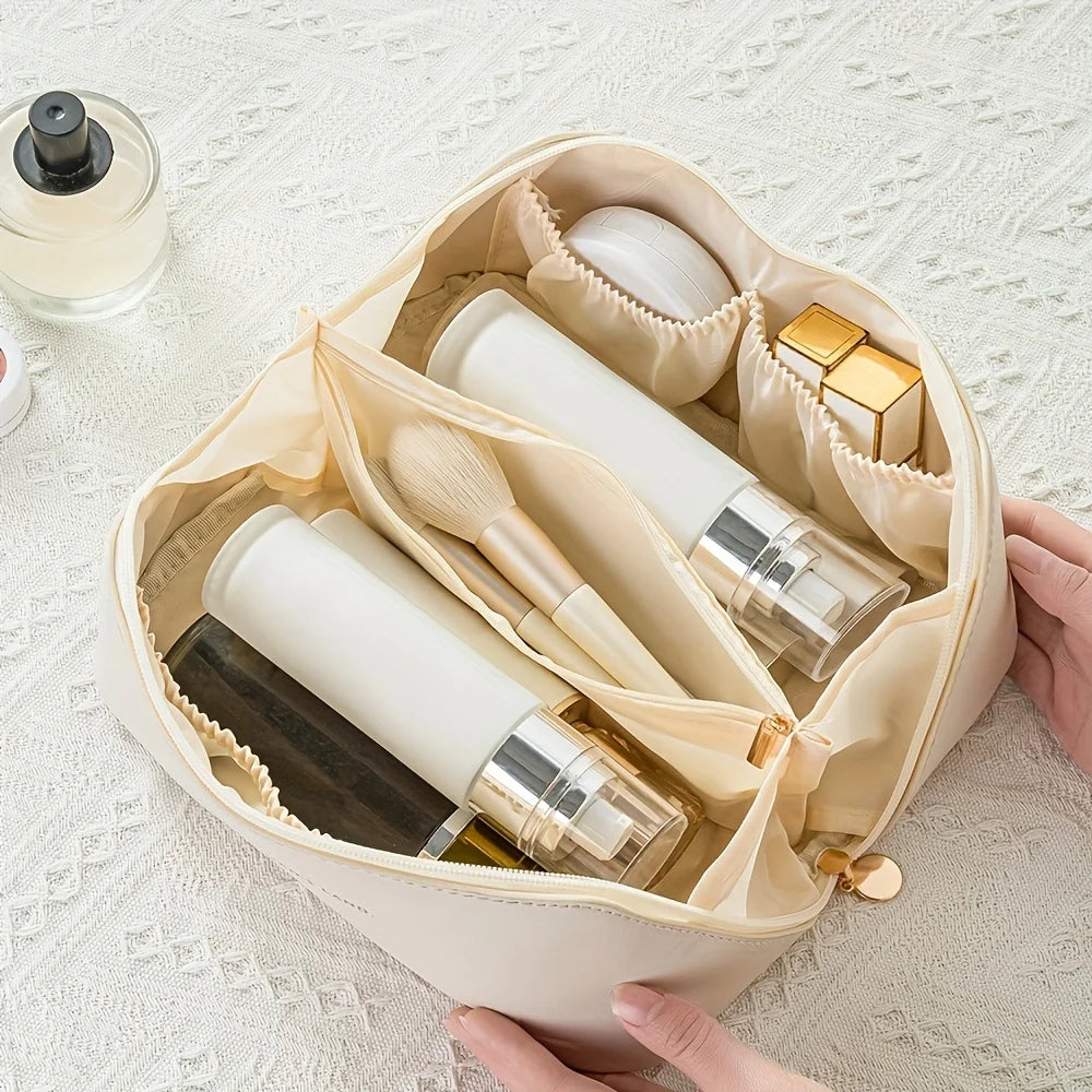 Luxury Travel Makeup Bag — PU Leather Cosmetic Organizer with Zipper