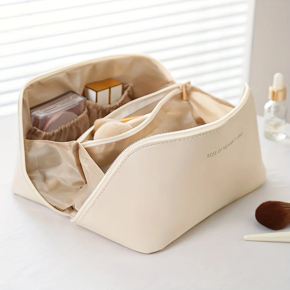 Luxury Travel Makeup Bag — PU Leather Cosmetic Organizer with Zipper