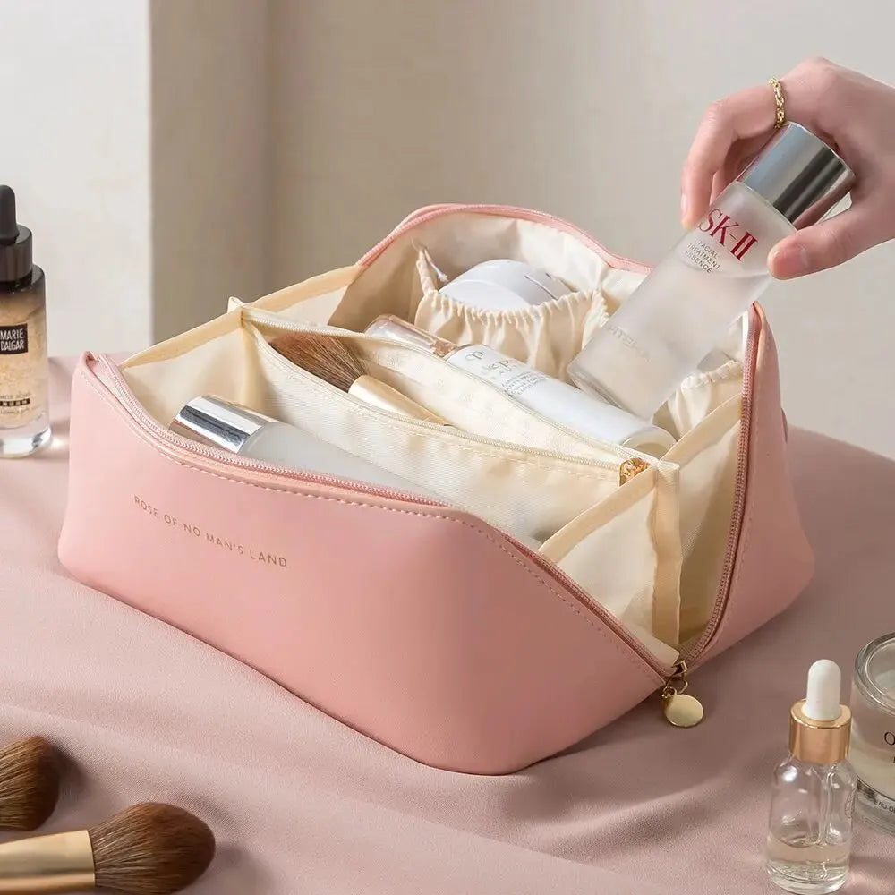 Luxury Travel Makeup Bag — PU Leather Cosmetic Organizer with Zipper