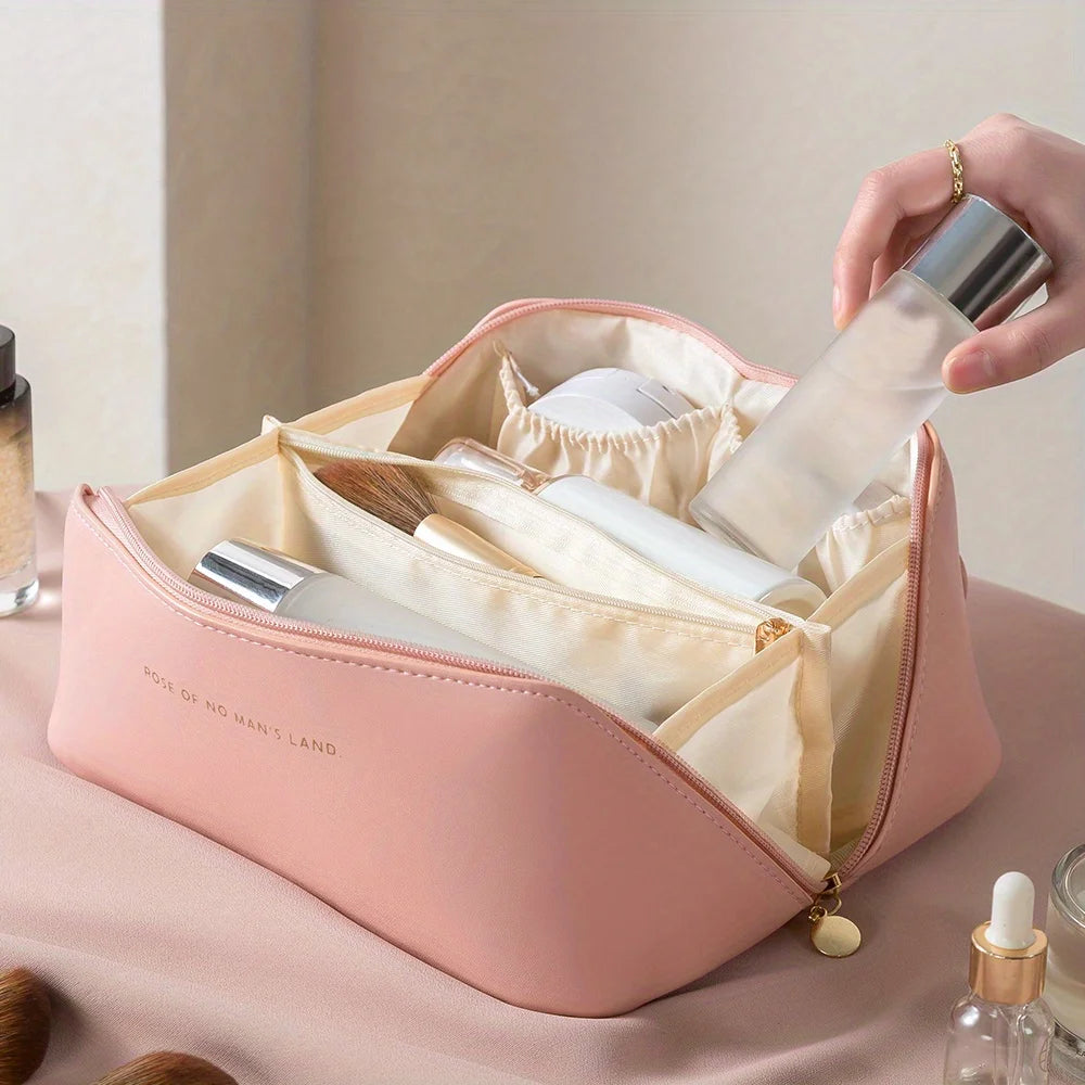 Luxury Travel Makeup Bag — PU Leather Cosmetic Organizer with Zipper
