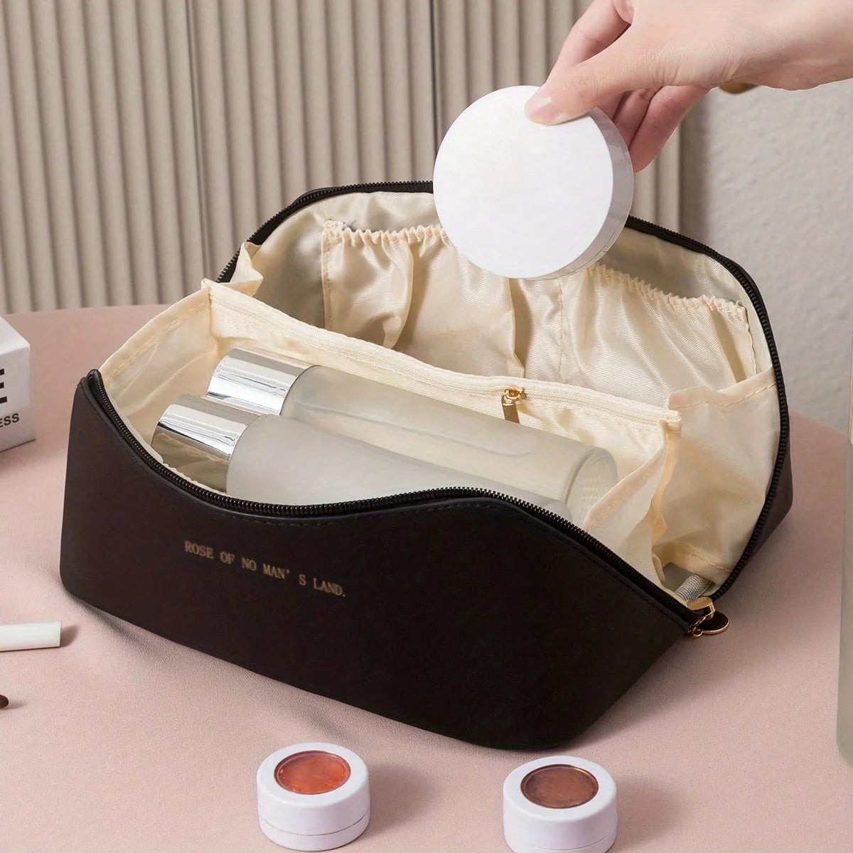 Luxury Travel Makeup Bag — PU Leather Cosmetic Organizer with Zipper