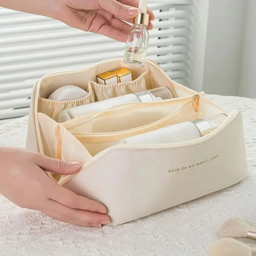 Luxury Travel Makeup Bag — PU Leather Cosmetic Organizer with Zipper